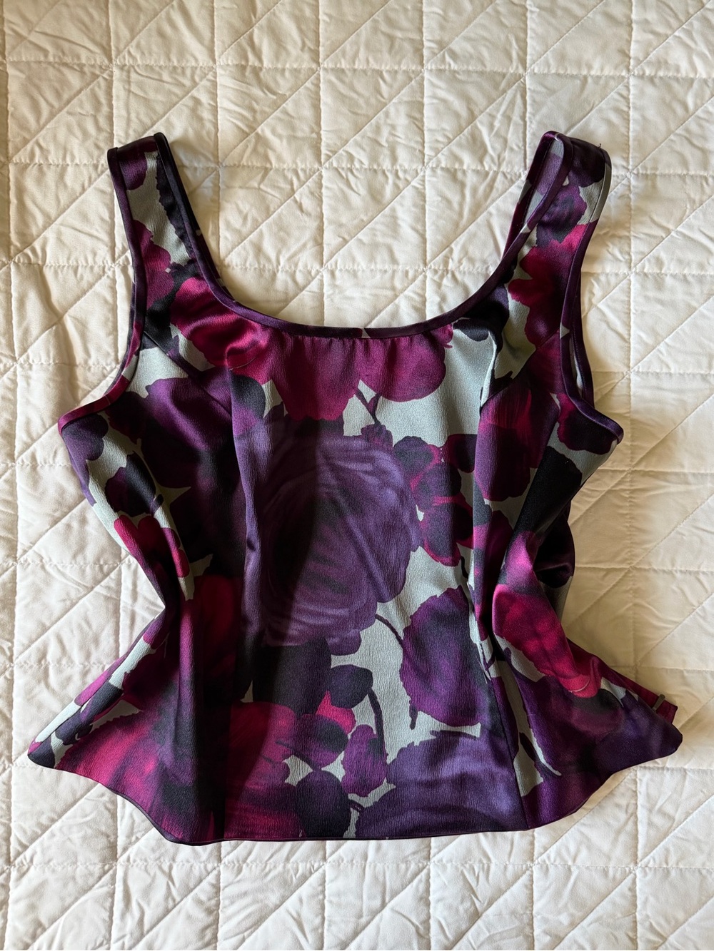80s Style Alex Evenings Purple Cropped Tank Top Macro Floral Print Zip Closure